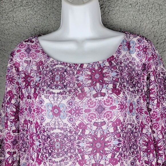 Fever Womens Blouse Top  Large Elastic Smocked Waist Tab Sleeves Sheer Floral - Picture 3 of 16